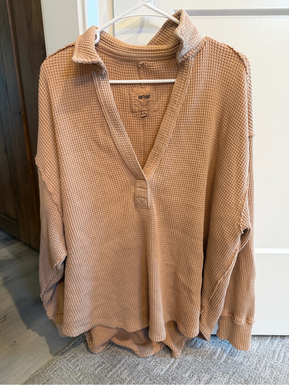 aerie Waffle-Knit V-Neck Pullover - Tan